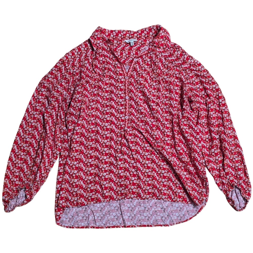 Max Studio Collared Button Front Blouse Top Size L Red Floral Print Long‎ Sleeve